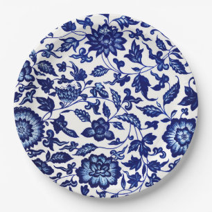 Assiettes En Carton Chinois bleu marine foncé motif floral sur blanc