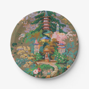 Assiettes En Carton Chinoiserie Antique Chine Coloré Garden Temple
