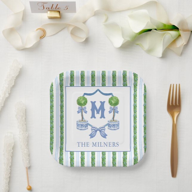 Assiettes En Carton Chinoiserie Aquarelle Bow Topior Monogramme Crest (Mariage)
