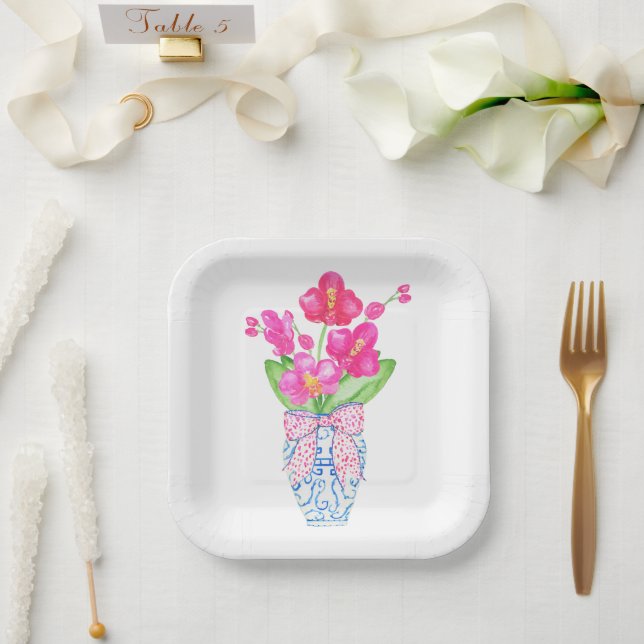 Assiettes En Carton Chinoiserie Aquarelle Orchidée rose Ginger Jar Vas (Mariage)