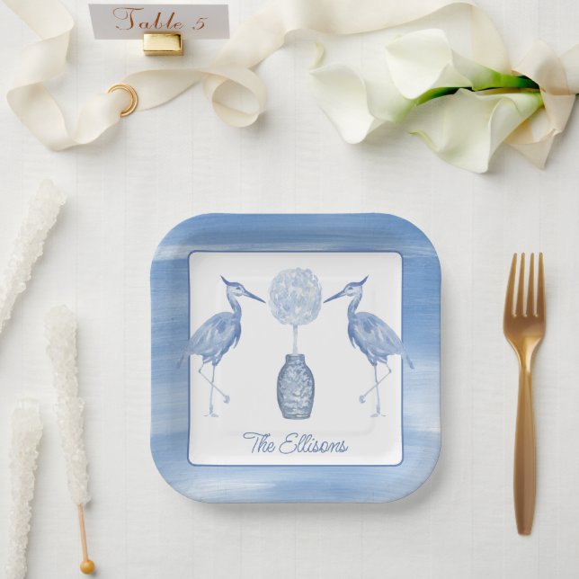 Assiettes En Carton Chinoiserie Aquarelle Topiaire Héron bleu (Mariage)