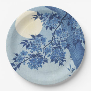 Assiettes En Carton Chinoiserie Bleu Marine Fleur de Cerisier & Pleine