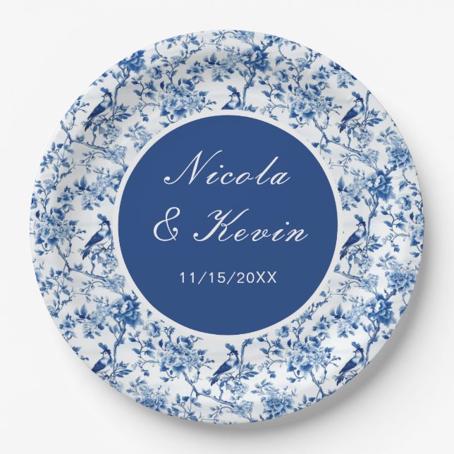 Assiettes En Carton Chinoiserie Blue Birds and Flowers Mariage (Devant)