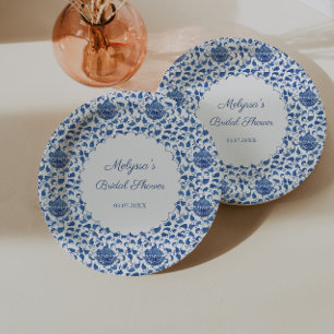 Assiettes En Carton Chinoiserie Chic Imprimé Bleu et Blanc Mariage