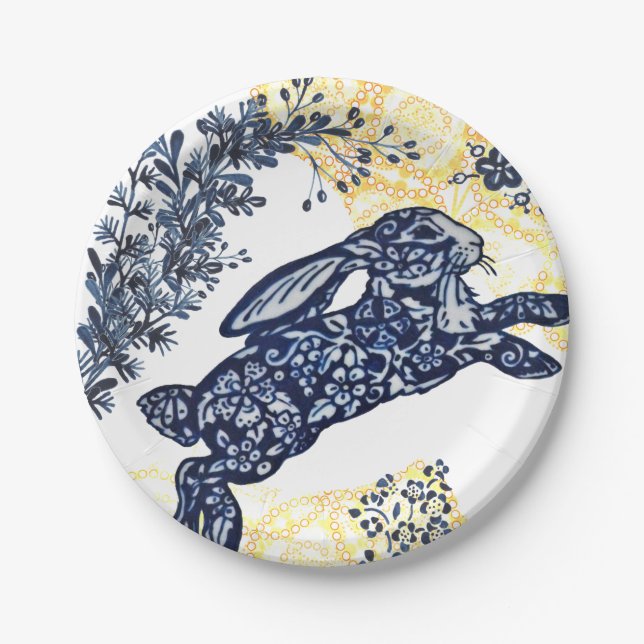 Assiettes En Carton Chinoiserie de lapin jaune bleu oriental (Devant)