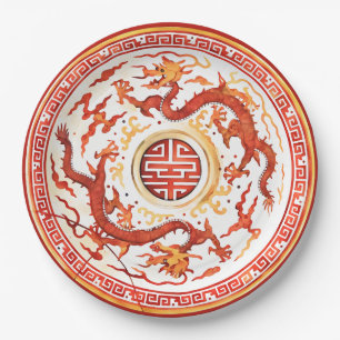 Assiettes En Carton Chinoiserie Dragon Impérial Faux Chine Rouge Or