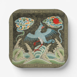 Assiettes En Carton Chinoiserie Motif de grue dorée et de vague marine