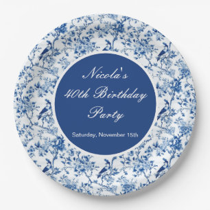 Assiettes En Carton Chinoiserie Oiseaux bleus et Fleurs Anniversaire