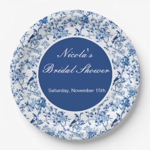 Assiettes En Carton Chinoiserie Oiseaux bleus et fleurs Baby Shower