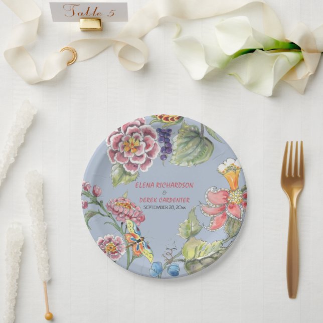 Assiettes En Carton Chinoiserie rose bleu tropical Plaque en papier fl (Mariage)