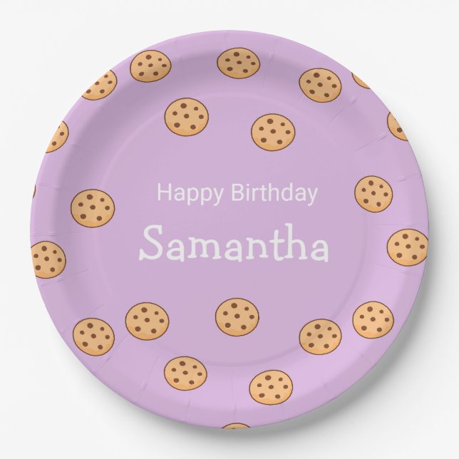 Assiettes En Carton Chocolat chips biscuits d'anniversaire violet (Devant)
