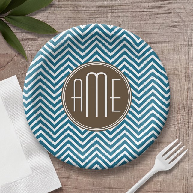 Assiettes En Carton Chocolat et Motif Chevron Turquoise avec Monogramm (Personalized birthday plate with monogram)