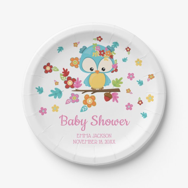 Assiettes En Carton Chouette boisée mignonne et fleurs Baby shower béb (Devant)