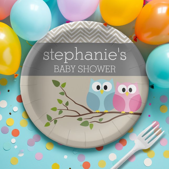 Assiettes En Carton Chouette de bois bébé garçon garçon garçon sexe ré (Personalized Baby Shower Plates - Cute Woodland Owl)