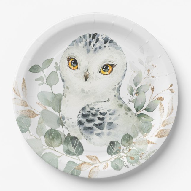 Assiettes En Carton Chouette des neiges Végétation hivernale Eucalyptu (Devant)