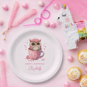 Assiettes En Carton Chouette rose mignonne dans une coupe Anniversaire