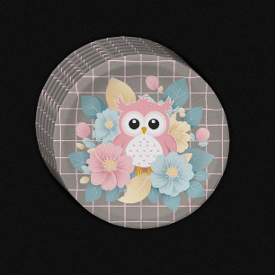 Assiettes En Carton Chouette rose moderne Baby shower Floral & Grille