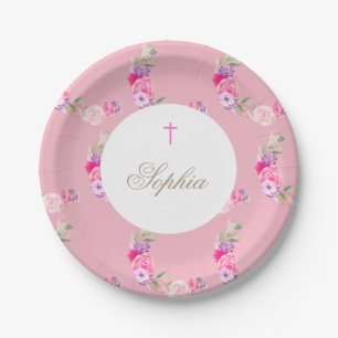 Assiettes En Carton Christine   Baptême Fille Rose Florale Fête