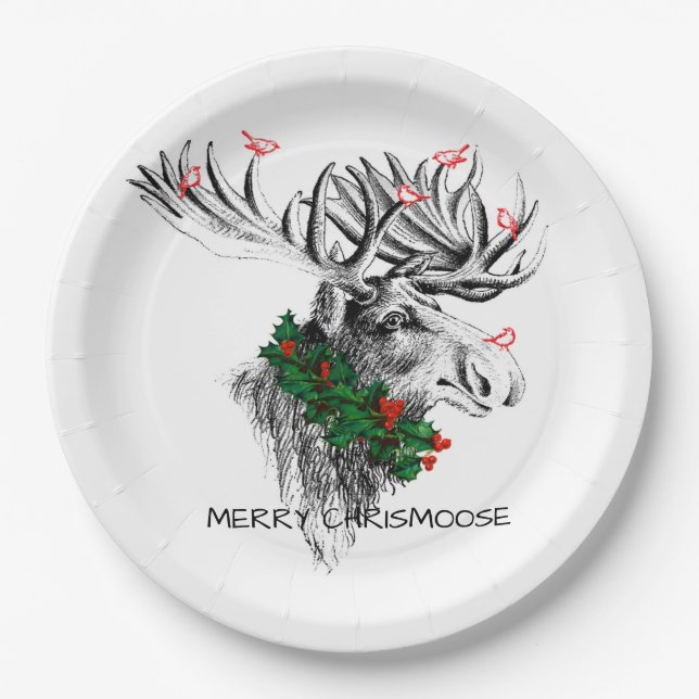 Assiettes En Carton Christmas Chrismoose Moose Birds Holly Paper Plate (Devant)