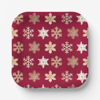 Assiettes En Carton Christmas cranberry gold snowflakes