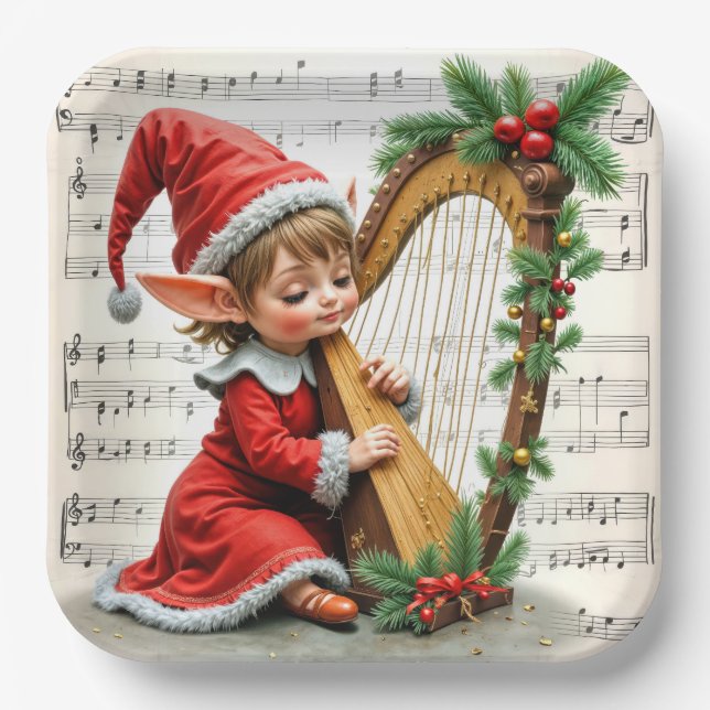 Assiettes En Carton Christmas Elf Playing a Harp (Recto)