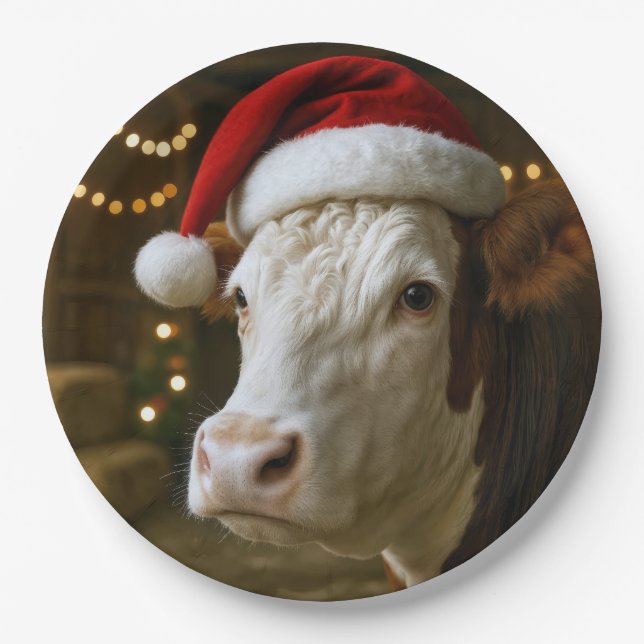 Assiettes En Carton Christmas Hereford Cow Wearing a Santa Hat (Devant)