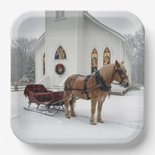 Assiettes En Carton Christmas Horse-Drawn Sleigh Waiting By a Chapel (Recto)