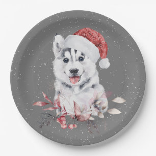 Assiettes En Carton Christmas Husky On Grey