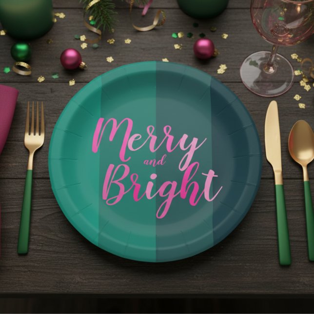 Assiettes En Carton Christmas Merry and Bright Green Pink Party (Créateur téléchargé)