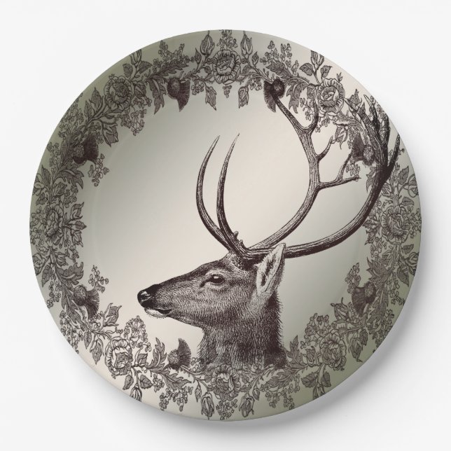 Assiettes En Carton Christmas Party Floral Reindeer Golden Winter (Devant)