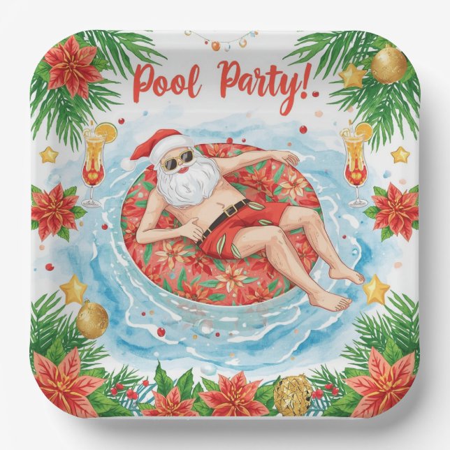 Assiettes En Carton Christmas Pool Party with Santa Claus  (Recto)