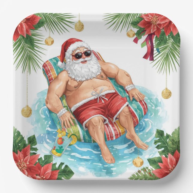 Assiettes En Carton Christmas Pool Party with Santa Claus  (Recto)