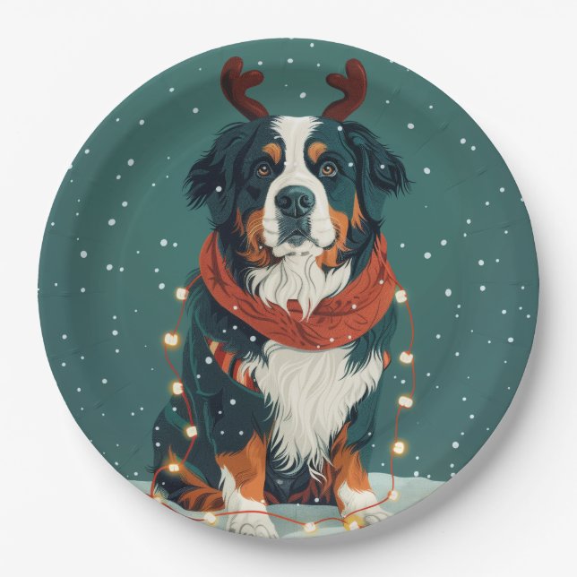 Assiettes En Carton Christmas Reindeer Bernese Mountain Dog (Devant)