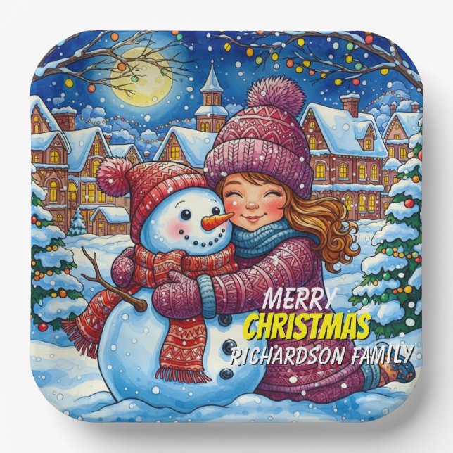 Assiettes En Carton Christmas Snowman And A Girl (Recto)