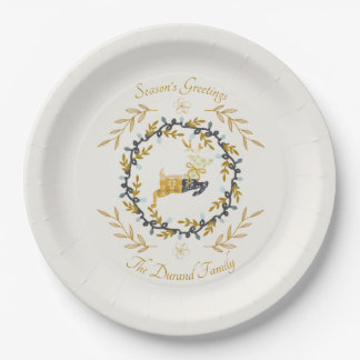 Assiettes En Carton Christmastime Deer with Wreath Yellow Cream
