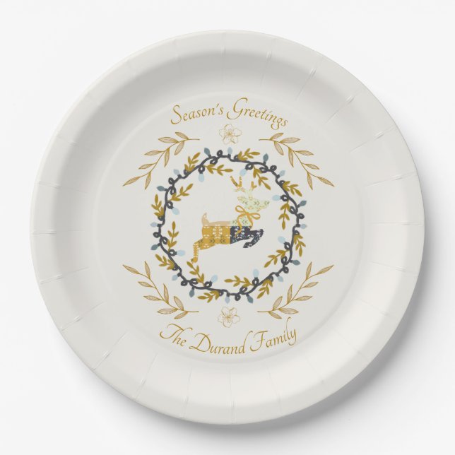 Assiettes En Carton Christmastime Deer with Wreath Yellow Cream (Devant)
