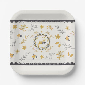 Assiettes En Carton Christmastime Deer Yellow Cream Floral Blue