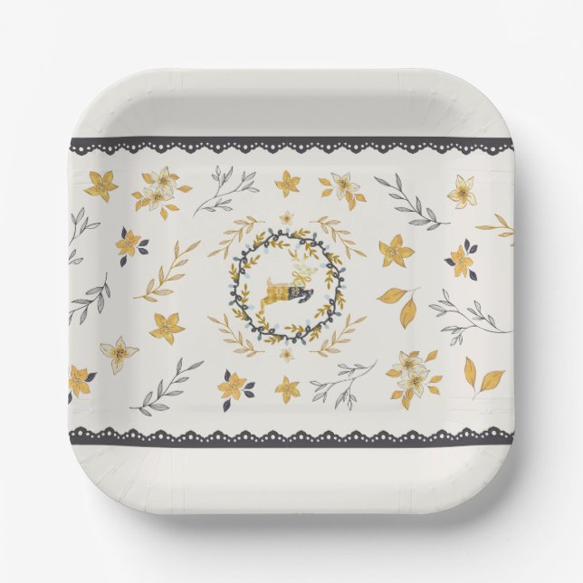 Assiettes En Carton Christmastime Deer Yellow Cream Floral Blue (Recto)