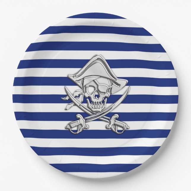 Assiettes En Carton Chrome comme Pirate sur les rayures de marine (Devant)
