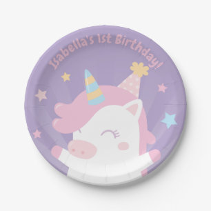 Assiettes En Carton Chubby Unicorn Girl First Birthday Party Plates