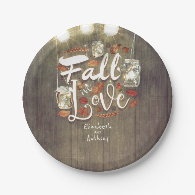 Assiettes En Carton Chute en Amour Mason Jar Lumières Mariage rustique (Devant)