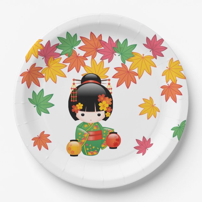 Assiettes En Carton Chute Poupée Kokeshi - Green Kimono Geisha Girl (Devant)