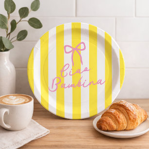 Assiettes En Carton Ciao Bambina Rayure Jaune Fête Prénatale Bébé Citr