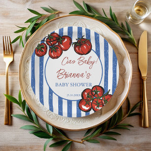 Assiettes En Carton Ciao bébé tomate rayures bleues Baby shower italie
