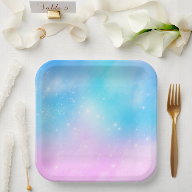 Assiettes En Carton Ciel dégradé rose et bleu pastel (Mariage)
