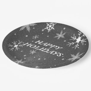 Assiettes En Carton Ciel noir avec flocons de neige blancs et gris, ZS