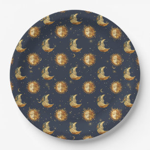 Assiettes En Carton Ciel Soleil & Lune Or Motif Nuit Étoilée