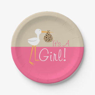 Assiettes En Carton Cigogne avec le baby shower de fille de paquet de