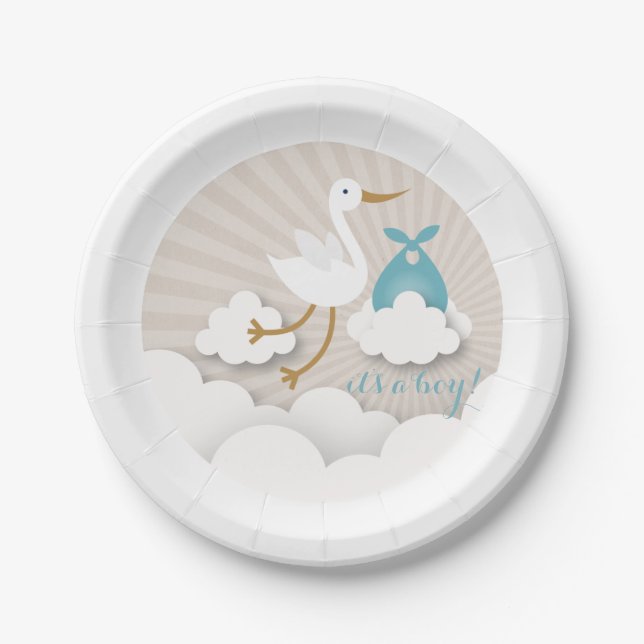 Assiettes En Carton Cigogne + Nuages avec le baby shower bleu de (Devant)