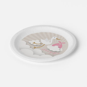 Assiettes En Carton Cigogne + Nuages avec le baby shower rose de fille